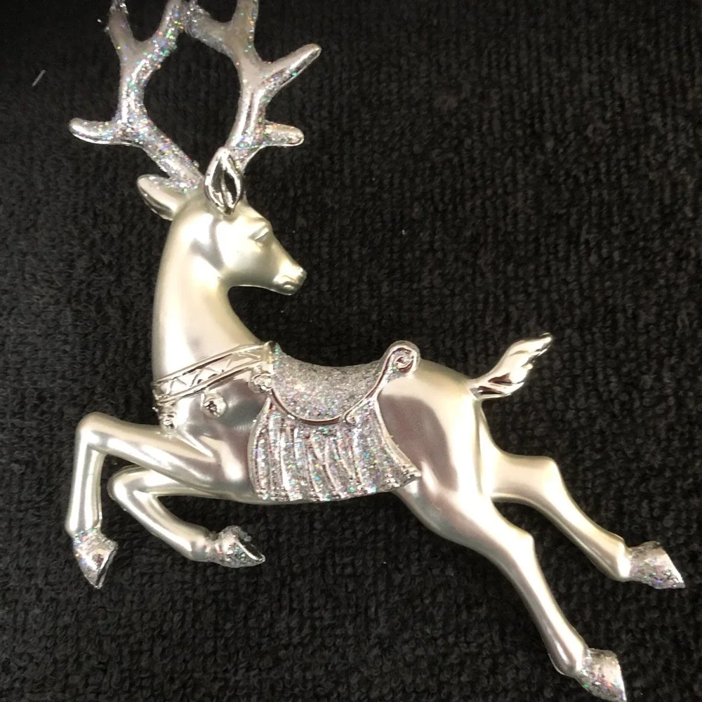 3 ~ Silver Cast Metal Reindeer Ornaments Leaping Prancing Fine Glitter READ